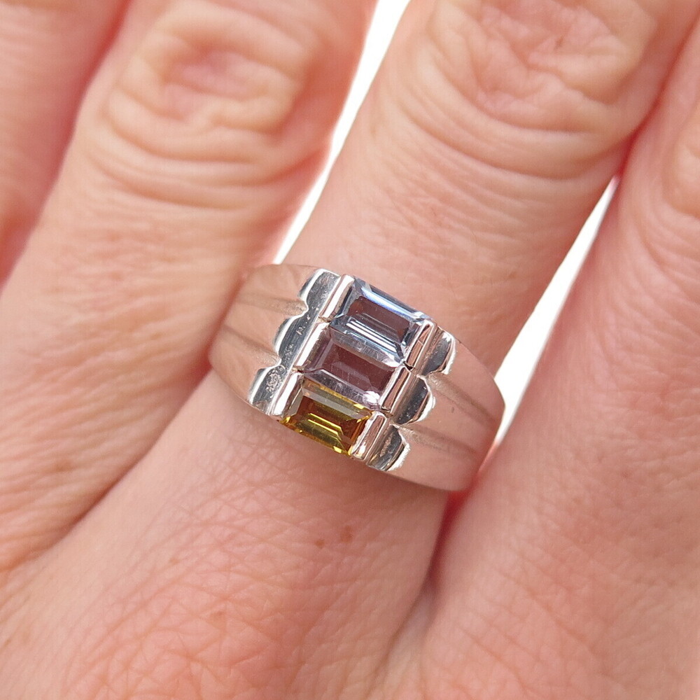 925 Sterling Silver Vintage Real Amethyst Iolite & Citrine Ring Size 7.75